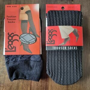 2 Pair L'eggs Ladies Trouser Knee-Hi Socks Black Size 5-9 Diamond Solid NEW